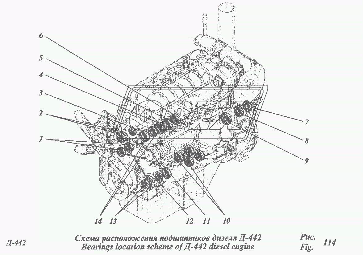Схема расположения подшипников дизеля Д-442